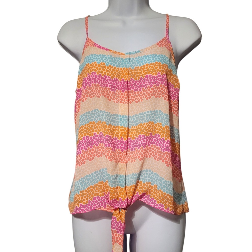 Candie's Womens Medium Pink Orange Geometric Mosaic Tie Front Camisole Tank Top